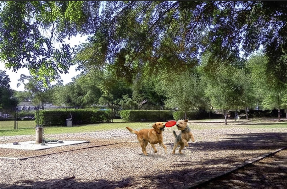 Two dogs playing with a red flying disc in a shaded, fenced park beneath leafy trees.