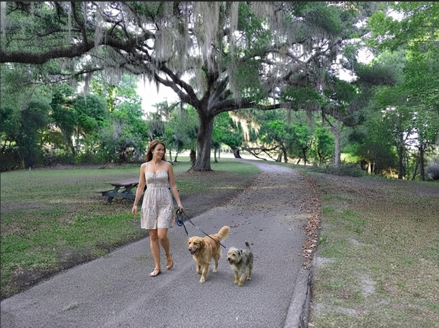 A person walking two leashed dogs on a winding paved park path beneath large trees draped with Spanish moss.