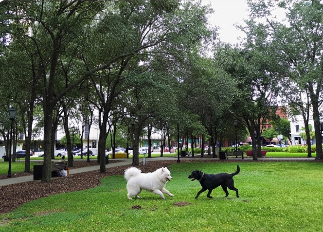 A white dog and a black dog playing on a grassy lawn beneath shade trees.