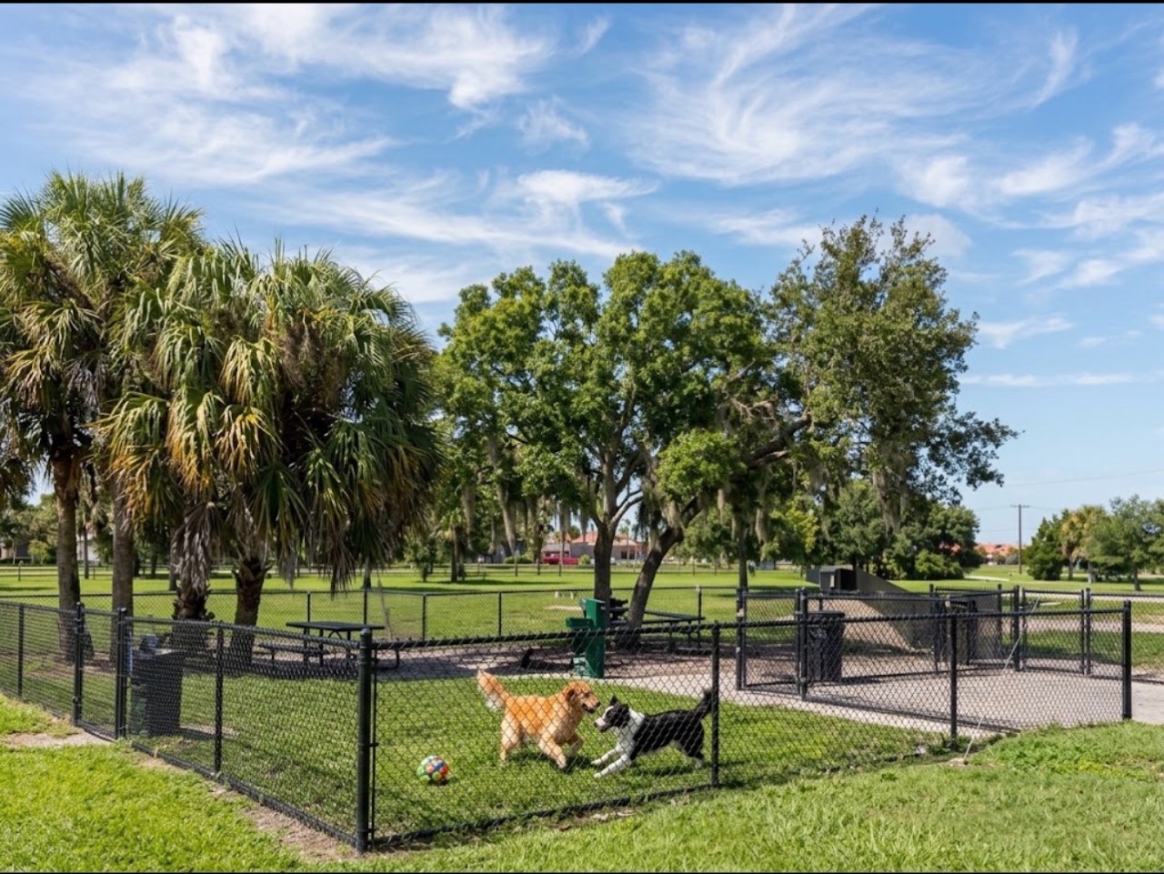 Two dogs playing near a colorful ball in a fenced grassy area, with picnic tables, palm trees and leafy trees behind them.